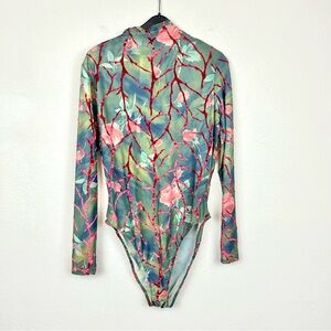 Cache Rose Print Velvet Mock Neck Lightweight Long Sleeve Bodysuit
